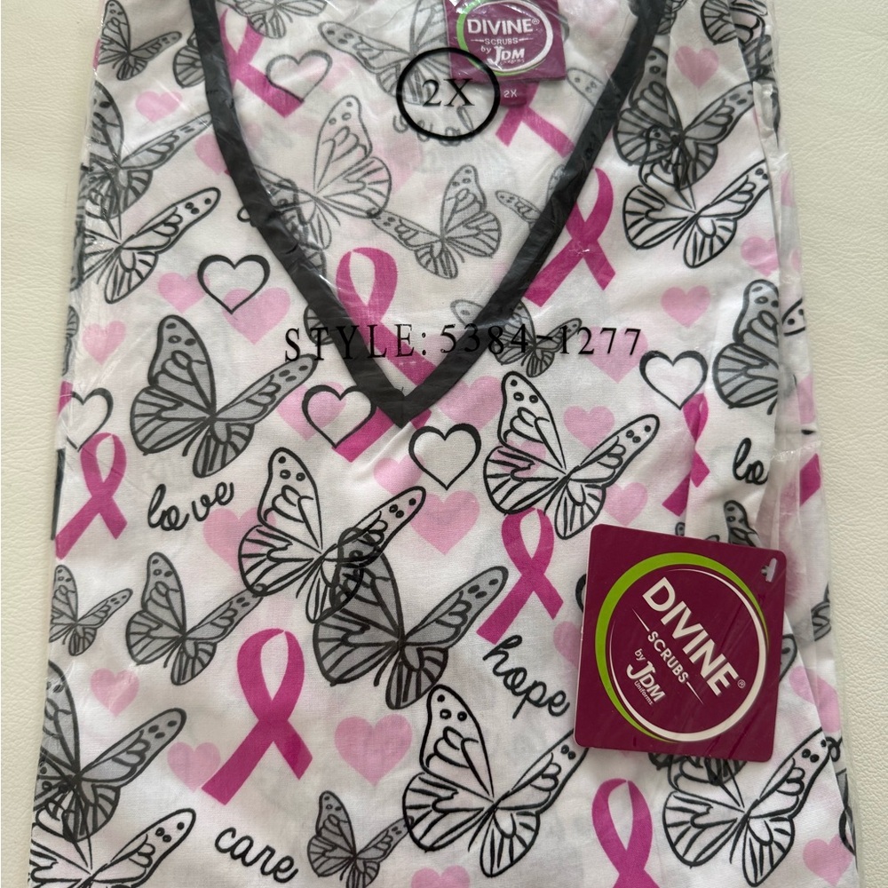 DIVINE Scrubs Pink Ribbon Butterfly V-Neck Top